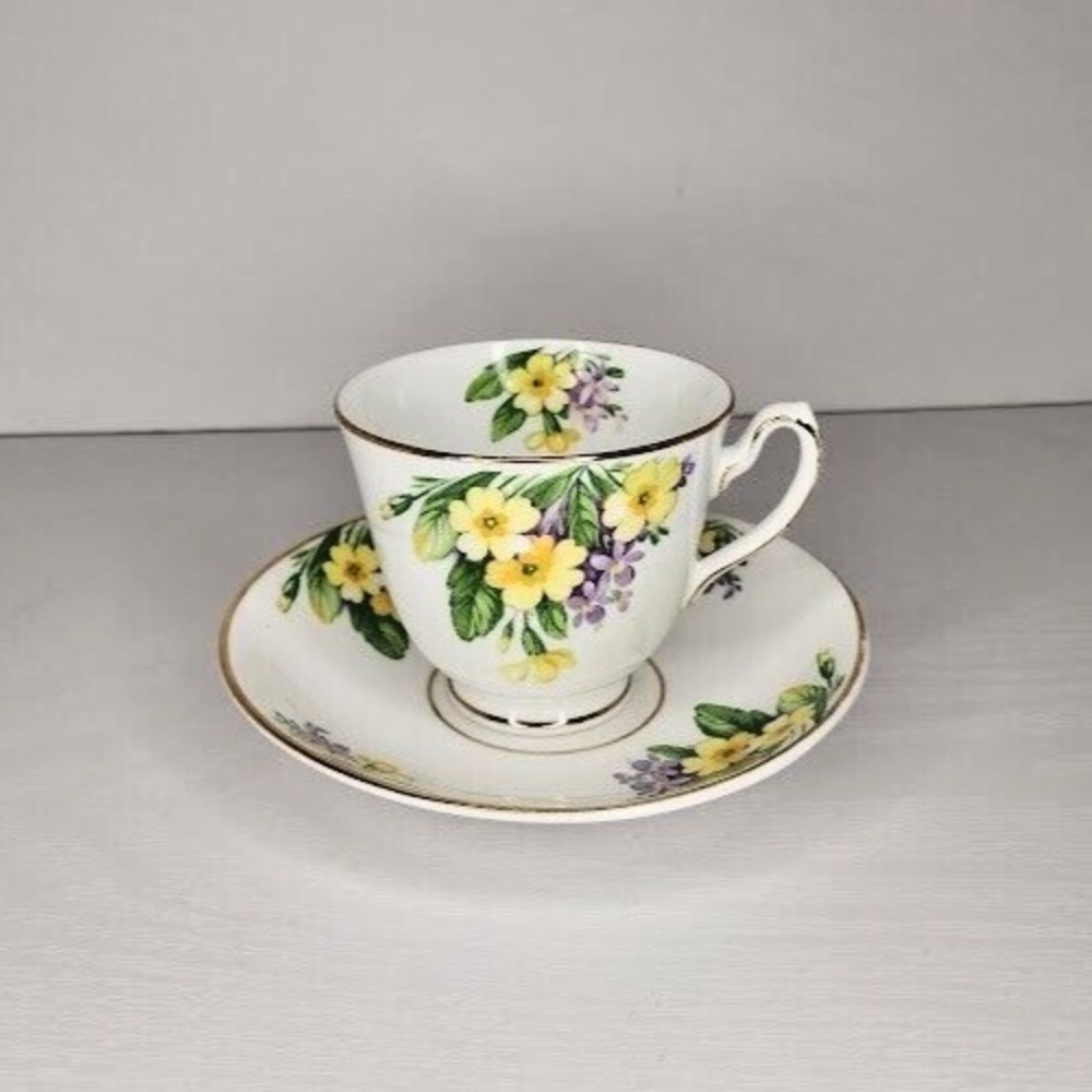Vintage‎ Duchess Bone China Flower Teacup & Saucer Made In England Yellow Purple
